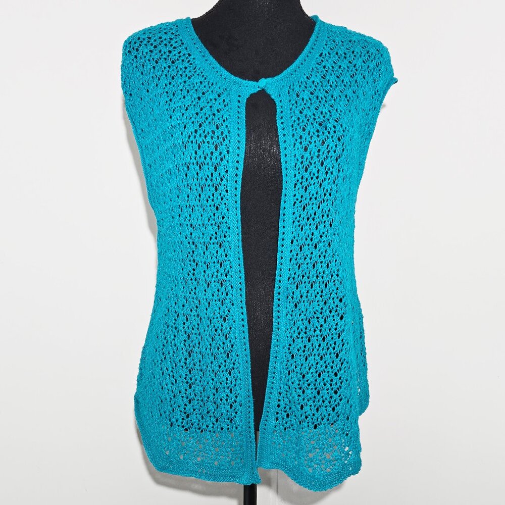 Teal Crochet Short-Sleeved Cardigan, Size XL